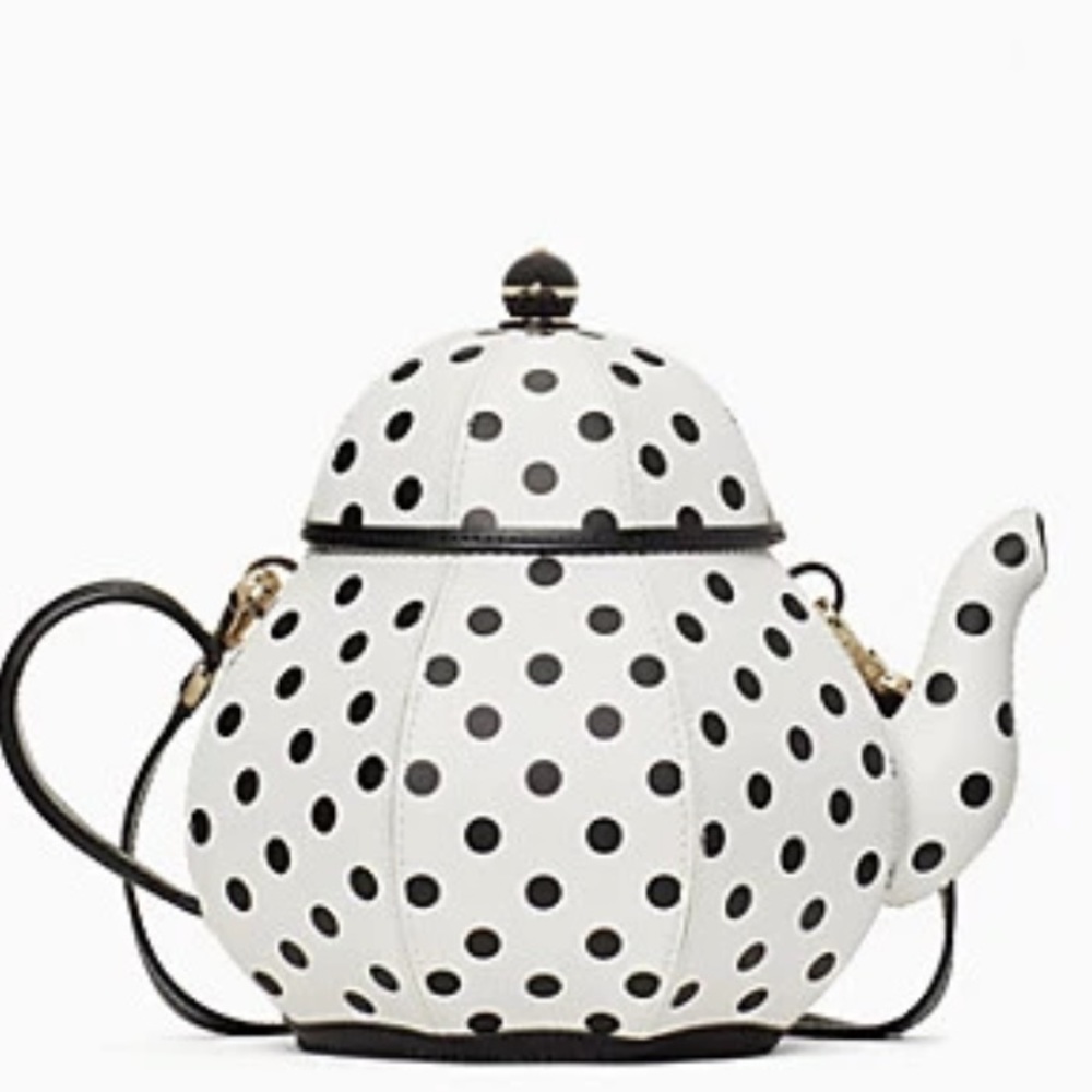 Kate spade Alice in wonderland teapot polka dot black white crossbody nwt